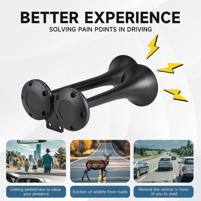 banhao Train Horn for Truck 150db Super Loud Truck Air Horn for Car with Compressor, Suitable for Any 12V Vehicles Train Car Ship Boat Lorry (12V, Black 2 tube horns with wire) - Image 4